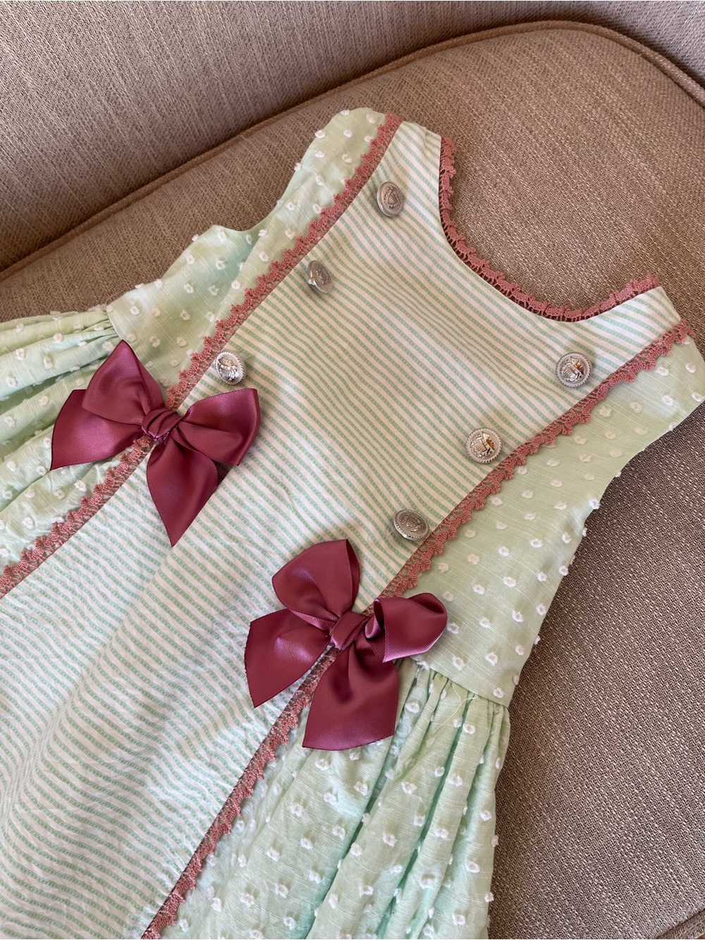 European Mint Green Swiss Dot Girl's Dress with Rose Bows